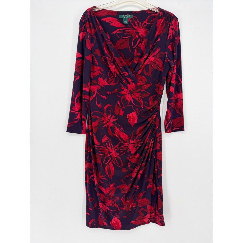 Lauren Ralph Lauren Sheath Dress 8 Purple Red Excellent Ruched Floral Romantic